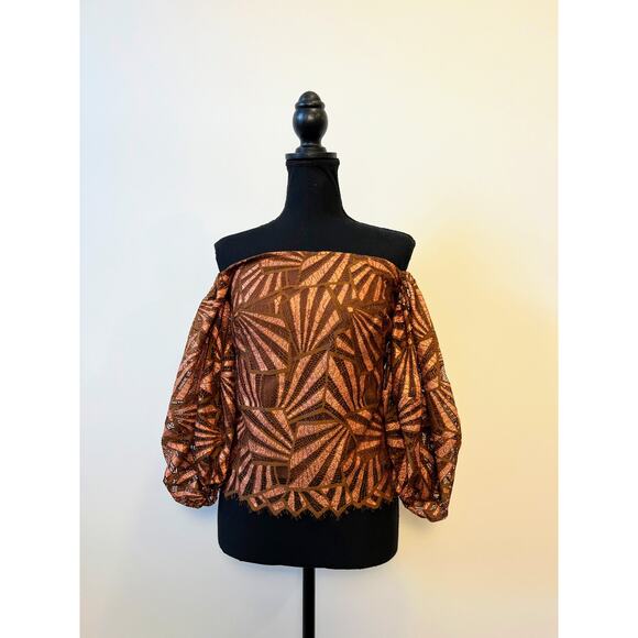 Antropologie Eva Franco Bronze Shine Lace Top Small Off Shoulder Puff Sleeve - Picture 1 of 3